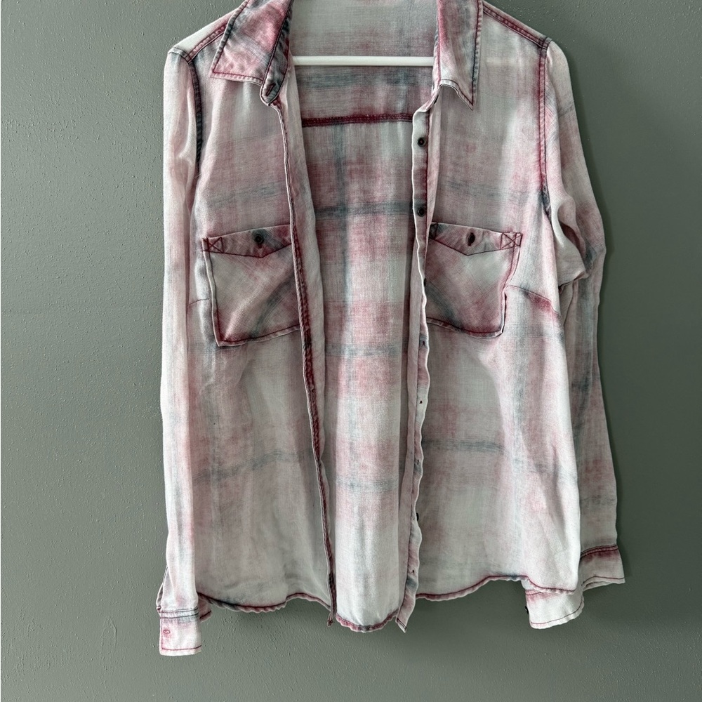Semi-sheer Plaid Button-Up Shirt